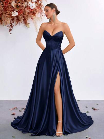 ADYCE Elegante vestido con escote en V sin tirantes, cintura alta y abertura, vestido formal con espalda descubierta y lazo, adecuado para bailes, Año Nuevo y otras ocasiones