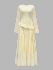 Women's Elegant Flounced Splice Cinched Waist Flare Sleeve Dress, Spring/Summer - Light Yellow - View 6