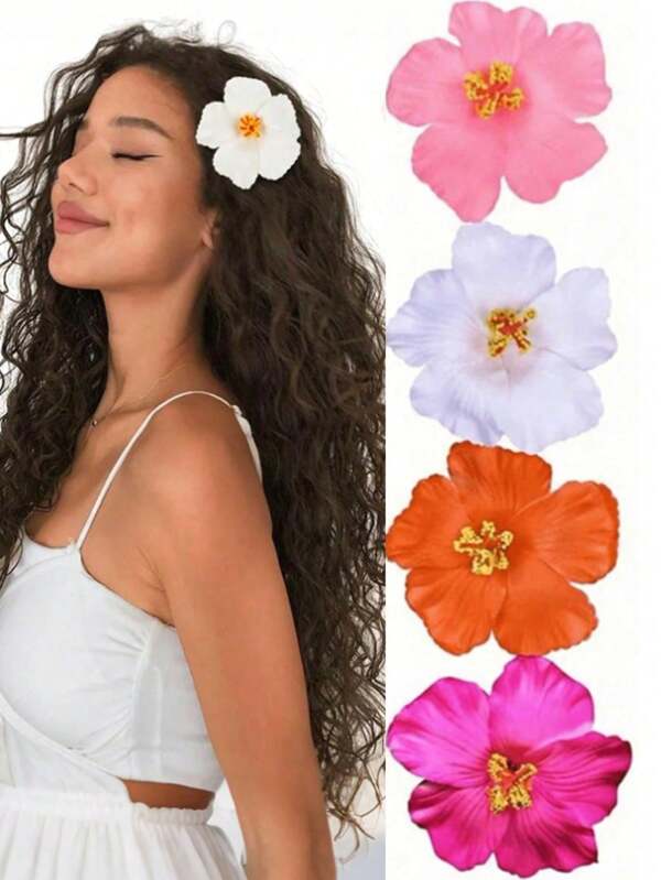 4pcs Hawaiian Flower Hair Clips, Suitable For Women, 4pcs Artificial Flower Hair Clips, Hibiscus & Lotus Flower Hair Clips, Suitable For Vacation, Beach Party, Summer Tropical Flower Hair Accessories, Ideal Gift For Girls