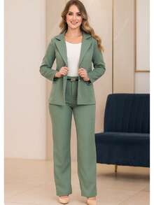 Elegant And Comfortable Tailored Blazer And Trousers Set - Olive Green - View 1