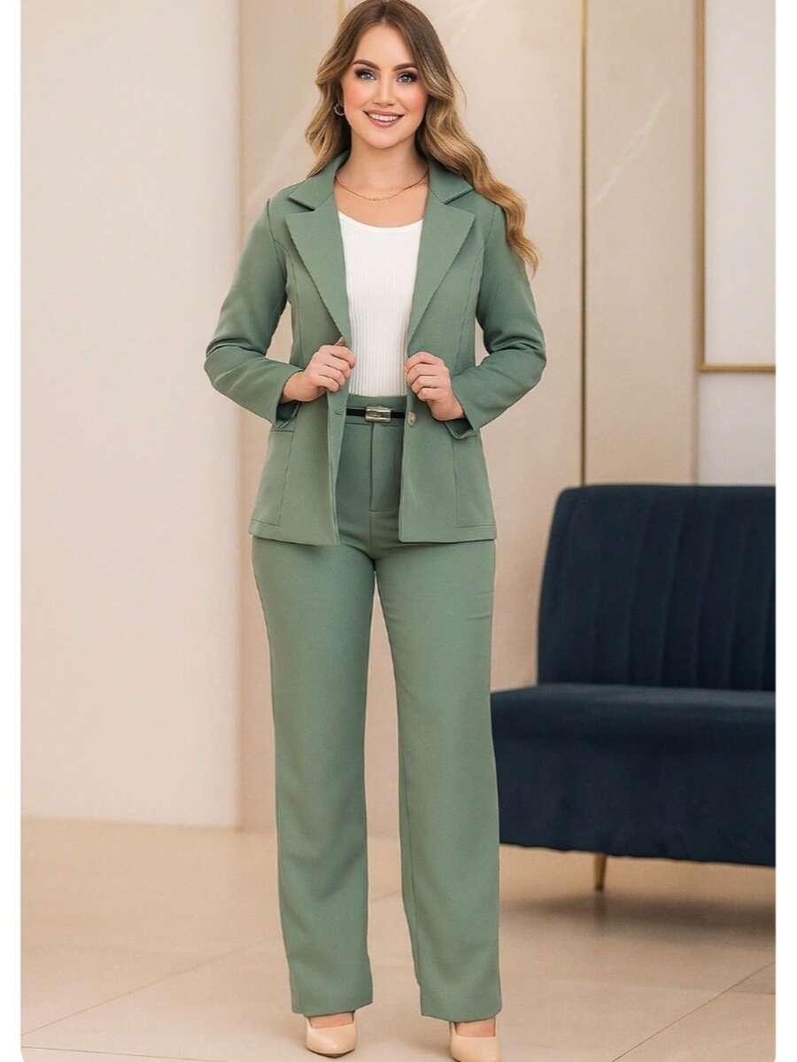 Elegant And Comfortable Tailored Blazer And Trousers Set - Olive Green - View 1