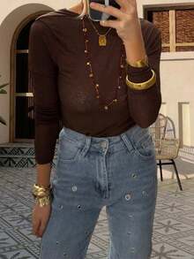 Women's Backless Tops Stylish Solid Boat Neck Long Sleeve Blouse For All Seasons - Dark Brown - View 3