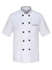 Men's Short-Sleeved Chef's Uniform With A Stand-Up Collar And Double-Breasted Buttons, Lightweight And Breathable, Suitable For Summer Wear In Hotels And Restaurants - White - View 1