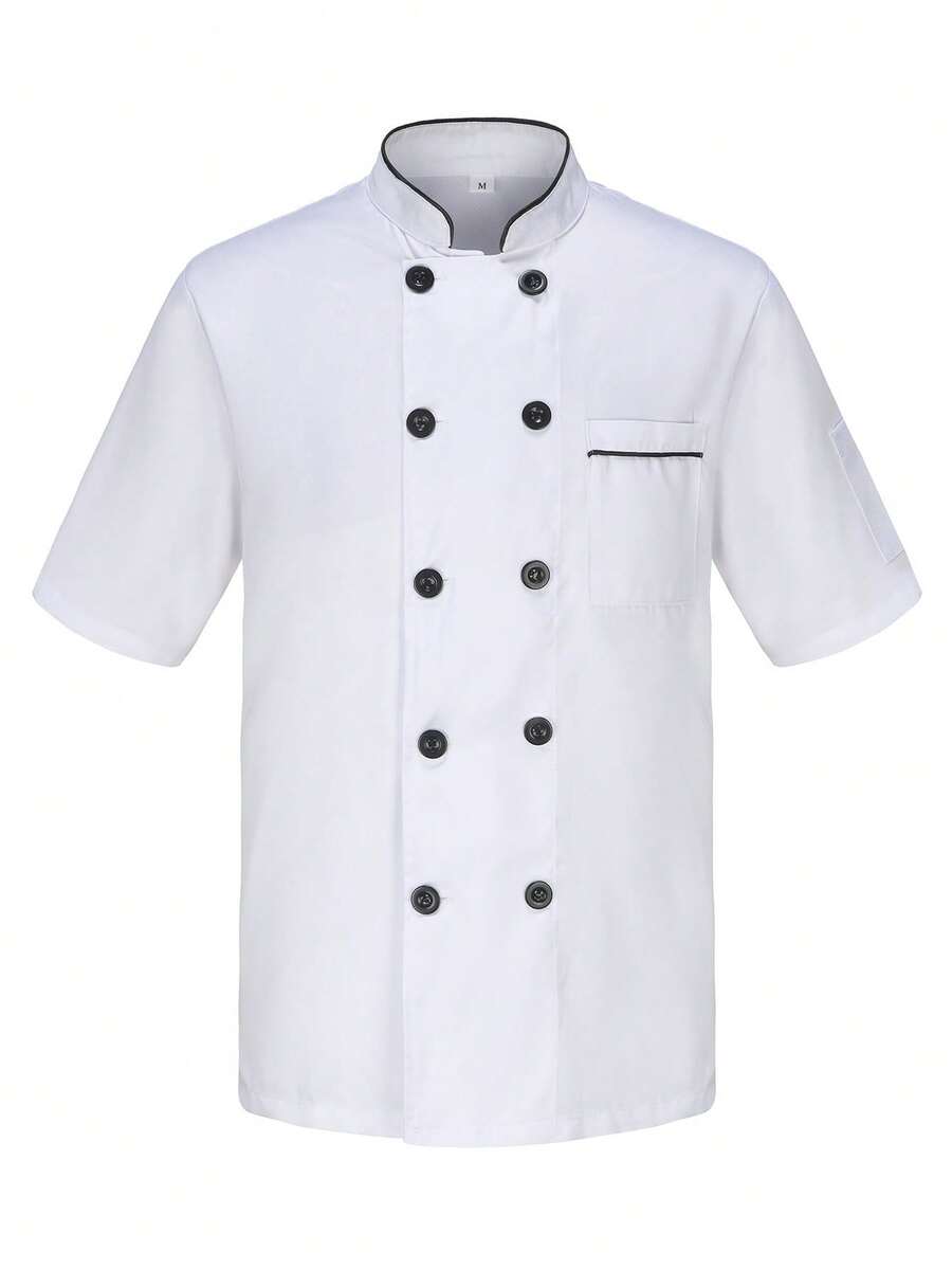 Men's Short-Sleeved Chef's Uniform With A Stand-Up Collar And Double-Breasted Buttons, Lightweight And Breathable, Suitable For Summer Wear In Hotels And Restaurants - White - View 1