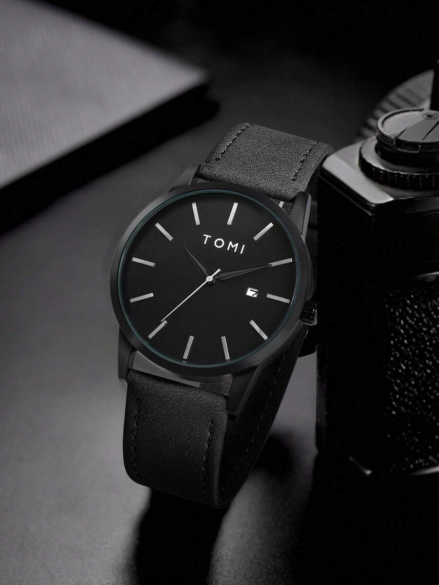 TOMI 1pc Zinc Alloy Leather Strap Watch, Fashionable Minimalist Design, Suitable For Teenagers, Ideal For Daily Life And Holiday Gifts - Black - View 1