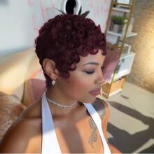 Short Pixie Cut Wig Synthetic Wavy Wigs For Women Black Hair Wig Brown Wig Red Wig Short Haircut Wig With Bangs Synthetic Wig Wavy Hair - 酒紅色 - 查看 2