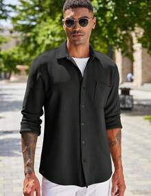 Men's Lightweight Shirt Shacket Long Sleeve Textured Button Down Shirts Casual Jackethalloween - Light Brown - 查看 10