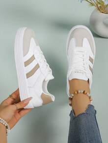 女式两件套皮革圆头系带厚底低帮多功能时尚休闲运动鞋，橡胶鞋底防水防滑耐磨轻便平底鞋，春秋季新款百搭白色运动鞋，适合日常穿着 - 白色 - 查看 5