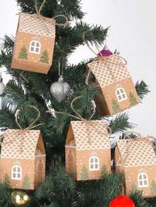 1-12PCS New Candy Box Christmas Kraft Paper Box (With Rope) Kraft Paper Packaging Box, Brown Gift Box, Multi-Purpose, Easy To Carry, Foldable And Propped For Use, Cartoon Family Party Gift Bag, Christmas Cookie Decoration, House-Shaped Candy Box, Suitable For Weddings, Christmas, Halloween, Parties, Bride's Gift Party, - Multicolor - View 3