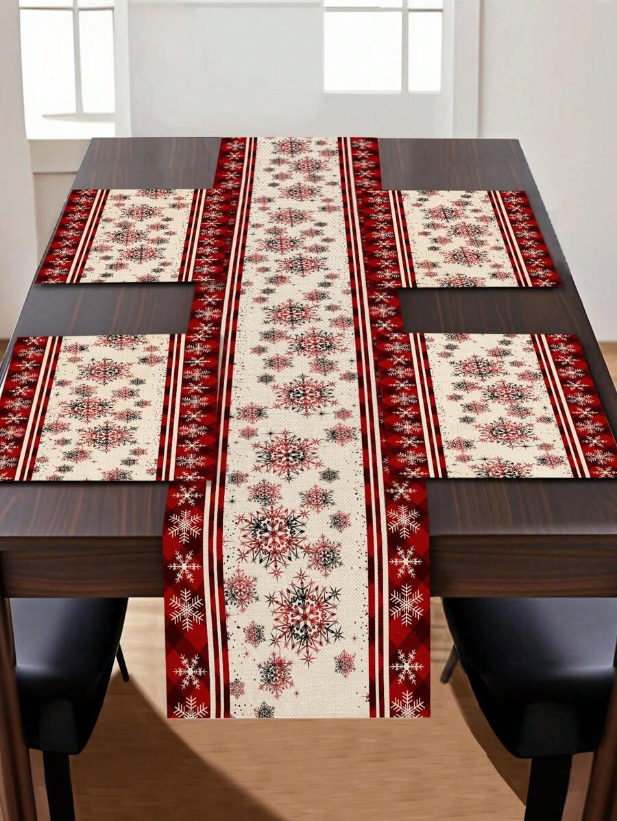 1 pieza Camino de mesa con estampado de copos de nieve, 4 piezas Individuales con estampado de copos de nieve, adecuado para fiestas, cumpleaños, cenas, decoración de cocina y comedor, decoración del hogar y sala de estar para todas las temporadas