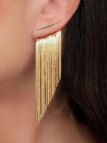 1 đôi bông tai kẹp tóc dài có tua rua thanh lịch, thích hợp cho các buổi hẹn hò, tiệc tùng và là món quà tuyệt vời cho Ngày của Mẹ. - Vàng - Xem 1