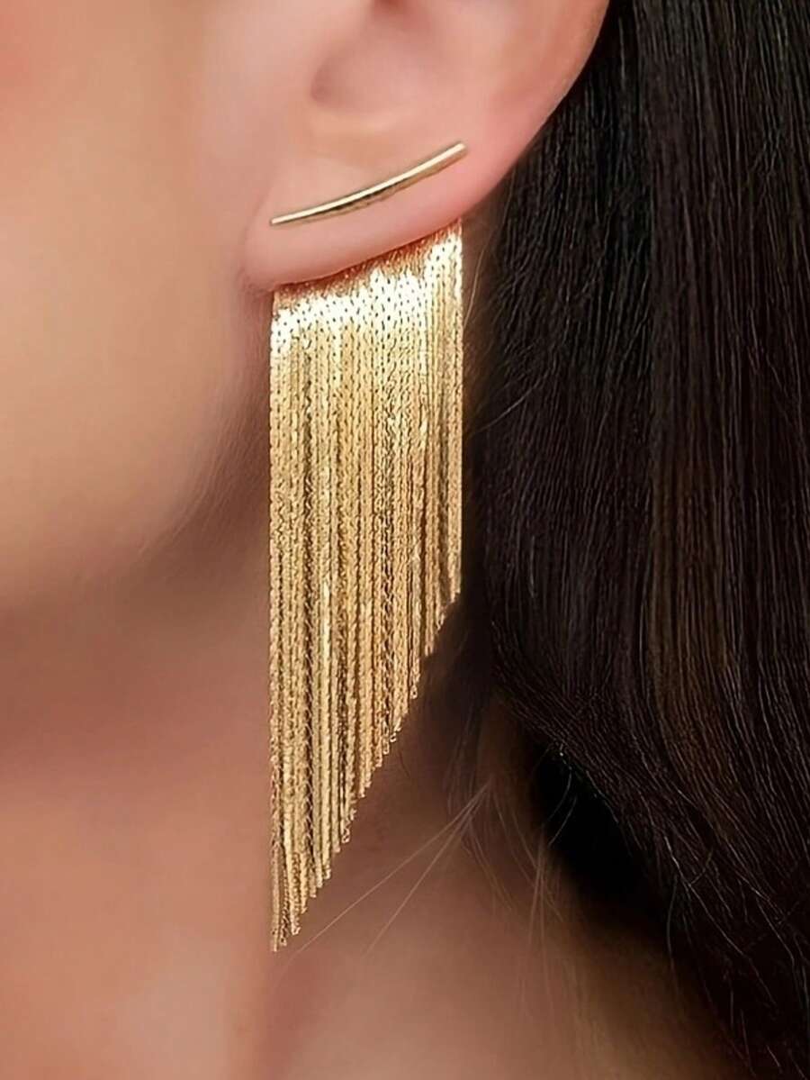 1 đôi bông tai kẹp tóc dài có tua rua thanh lịch, thích hợp cho các buổi hẹn hò, tiệc tùng và là món quà tuyệt vời cho Ngày của Mẹ. - Vàng - Xem 1