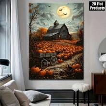 1 Canvas Wall Art Poster - Halloween Farmhouse With Pumpkins, Crows, Full Moon - Orange, Brown, Gray Fall Barn Scene, Indoor/Outdoor Fall Decor For Living Room, Bedroom, Office - Halloween Decor Gift Idea - Farmhouse Halloween Decor, Halloween Home Decor, Seasonal Room Decor, Dramatic Moonlight Scene, Textured Brushstrokes, High Quality Print, Rustic Style Fan, 2D Flat Print Poster, Frameless Painting