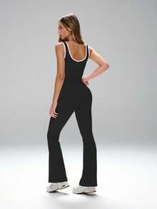 FWH 2 Stücke Sportset, bestehend aus: Abnehmbarer gepolsterter Sport-BH + Hoch taillierte Schlaghose mit verstellbarem Bund, Sport-BH mit Kreuzgurt-Front und abnehmbaren Cups + Po-hebende Schlaghose, 4-Wege-Stretchstoff, modisches Yoga-Outfit, 2-teiliges Set für Damen - Schwarz - Übersicht 2