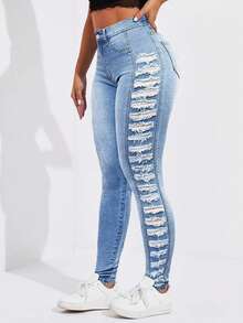 Women's Wash Light Blue High Waist Slim Side Layered Ripped Casual And Fashionable Jeans  Zipper  Pocket  Button    Daily - 淺色水洗藍 - 查看 3