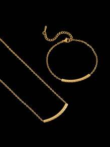 2 件/套时尚独特设计 18K 镀金不锈钢笑脸弯管项链和手链首饰套装，适合任何场合的多功能配饰 - 金色 - 查看 6