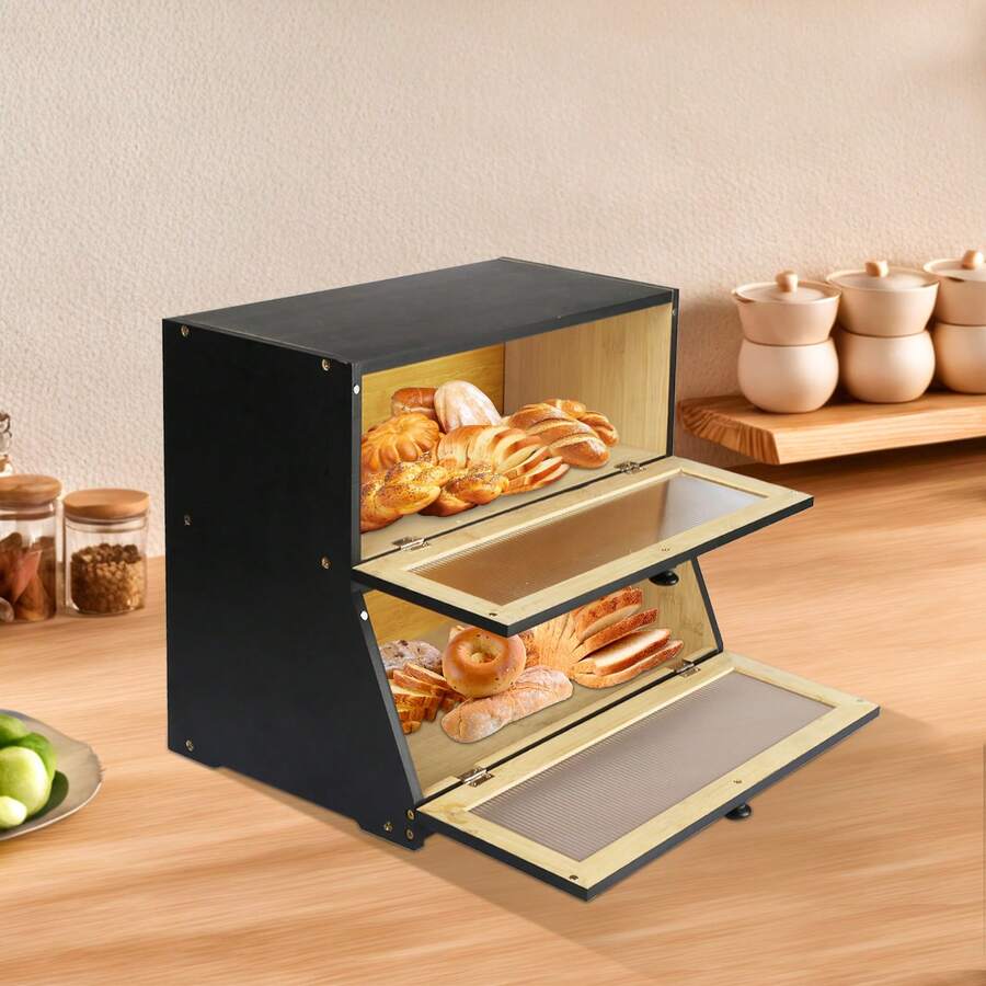 Bread Bin, Large, Wooden, Bread Box, Vintage, Storage, Kitchen, Countertop, Two Layers, XL, Storage Container For Bread, 40 X 33 X 25 Cm - 黑色 - 查看 1