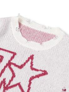 男士休闲宽松针织毛衣，星星和数字嵌花图案，做旧设计，圆领，落肩，长袖，秋冬 - 杏色 - 查看 4