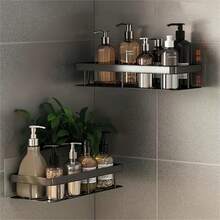 1 件/2 件壁挂式淋浴架，大容量，铝合金，安装无需钻孔，粘贴式浴室淋浴架，浴室和厨房的浮动架，节省空间，易于安装，用于存放洗漱用品、化妆品和杂物，光滑表面，卫生间、浴室、梳妆台、淋浴房、储物架、储物组织 - 彩色 - 查看 5