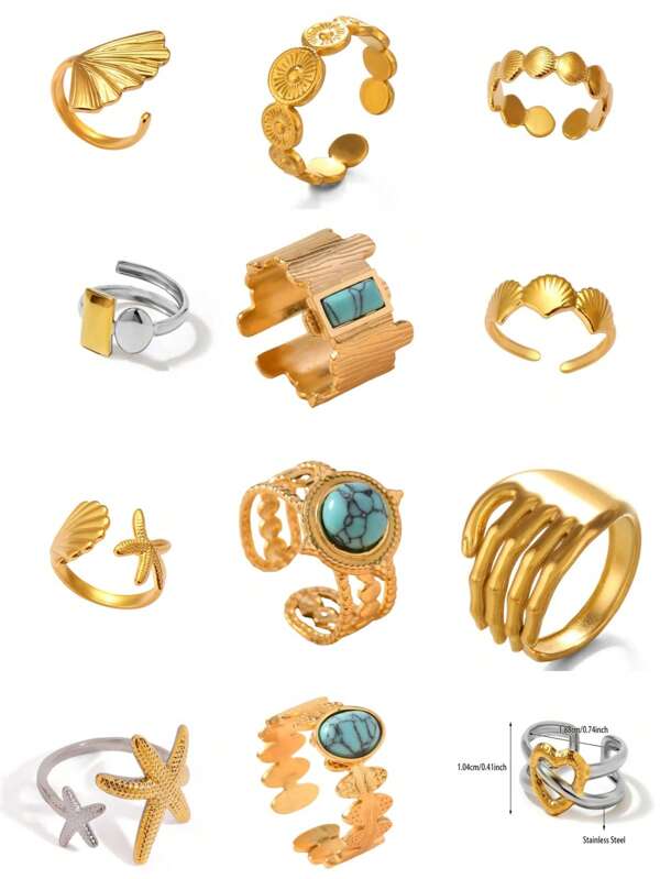 12pcs Assorted 14K Gold Plated Ocean Style, Turquoise, Gold & Silver Color Vintage Minimalist Adjustable Open Ring Set For Women