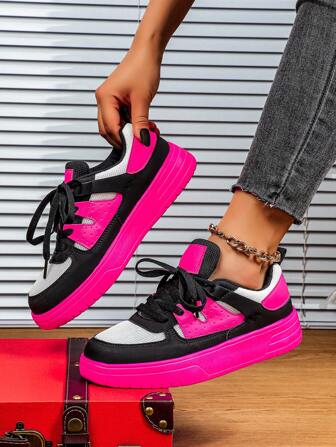 秋冬白色、黑色、玫瑰红色多巴胺时尚户外滑板鞋，性感优雅的玫瑰红色鞋底，系带，圆头，低帮，多用途，适合节日、休闲外出、派对，女士运动鞋，女士运动鞋