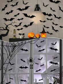 120pcs/72pcs Halloween Wall Bats Decor, Black Fake Plastic Bat Stickers, Suitable For DIY Halloween Room Decoration, 4 Different Sizes Waterproof 3D Realistic Bats, Applicable For Home Window Halloween Party Decoration