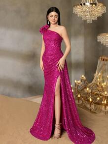 Alisa&Leo Teen Girls' Sequin One-Shoulder Evening Gown With Ruffled Layers & Asymmetrical Slit - Fish Tail Skirt & Shimmering Finish For Graduation Balls, School Events & Teen Galas - Hot Pink - View 6