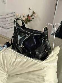 欧美风格机车风时尚 YK2 蜡染帆布朋克摇滚托特包，大容量通勤日常单肩斜挎包，适合女士 - 黑色 - 查看 6