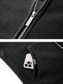 男士休闲羊毛混纺夹克，采用涤纶针织面料制成，纯色设计，冬季保暖，连帽，拉链开合，常规版型，口袋，时尚简约，适合日常穿着 - 黑色 - 查看 5