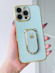 1 pieza Soporte de teléfono con oso plateado, Funda de teléfono plateada en morado/negro/blanco/azul/verde con soporte oculto, Funda protectora ultra delgada resistente a golpes, Protección de la lente de la cámara, Funda de teléfono suave