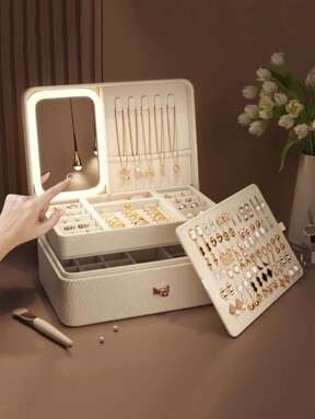 JewelryStorageBoxLEDMirror LED Compact Multi-Function 3-Color Adjustable Makeup Mirror & Jewelry Box Combo, Illuminates Your Beauty, Waterproof, Dustproof For Cosmetics, Earrings, Rings And Jewelry Storage Sun Travel Cool Back To School