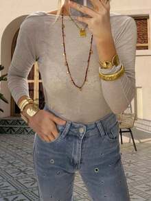 Women's Backless Tops Stylish Solid Boat Neck Long Sleeve Blouse For All Seasons - Khaki - View 2