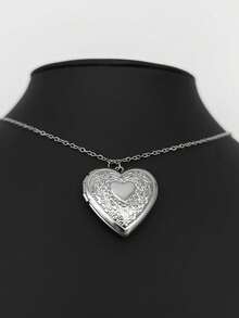 浪漫心形小盒吊坠可打开女款银色时尚珠宝相框吊坠项链适合女士男士珠宝礼物 - 銀色 - 查看 2