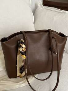 New Luxury Solid Color Versatile Women Shoulder Tote Bag - Brown - View 7