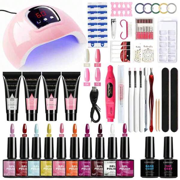 Limegirl 50 Pcs Gel Nail Polish Kit With U V Light Starter Kit And Drill 10 Colors Gel Nail Polish 4 Colors Poly Extension Gel 2pcs Top Base Coat Nail Rhinestone Gel Manicure Kit Gifts For Women