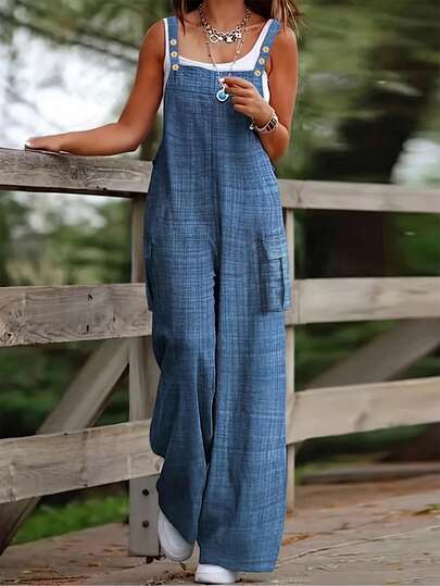 1pc Solid Color Woven Fabric Pocket Button Jumpsuit For Women, Suitable For Holiday, Daily Wear, Birthday Party, Back To School Party, Singles Party, Travel, All Season, Lightweight Denim Effect Color Vacation Spring Elegant