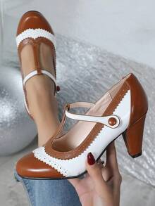 Women's Vintage Mary Jane High Heels, Retro T - Strap Pumps For Party & Daily Wear - Nâu/Trắng - Xem 2