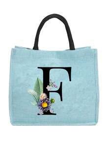 Sunflower & Daisy, Letter A-Z Print Blue Linen Tote Bag, Perfect Holiday Gift, Multifunctional Portable Handbag/Shoulder Bag, Fashion Minimalist Linen Bag, Large Capacity Storage Bag, Gift For Women, Teacher's Day Gift, Cosmetic Bag - Blue - View 58
