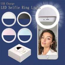 Anello luminoso moderno per selfie con 28 LED, luce per telefono, luci di Natale, luce per selfie, ricaricabile USB, dimmerabile, molletta per smartphone, trucco, streamer - controllo a pulsante, luminosità regolabile, senza rumore o effetto fantasma, finitura in plastica non finita - include cavo USB, supporto da tavolo - adatto per vari ambienti, posizionamento su tavolo (rosa/bianco/blu/nero)