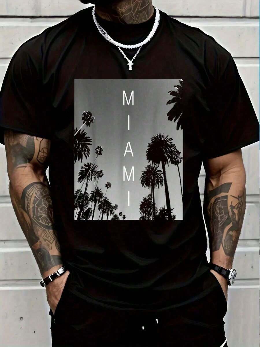 Camisetas Casuales Premium Unisex Bonitas 100% Algodón, Camiseta Casual Miami Beach, Camiseta Souvenir de South Beach Florida, Camiseta Gráfica para Hombre y Mujer - Negro - Ver 1
