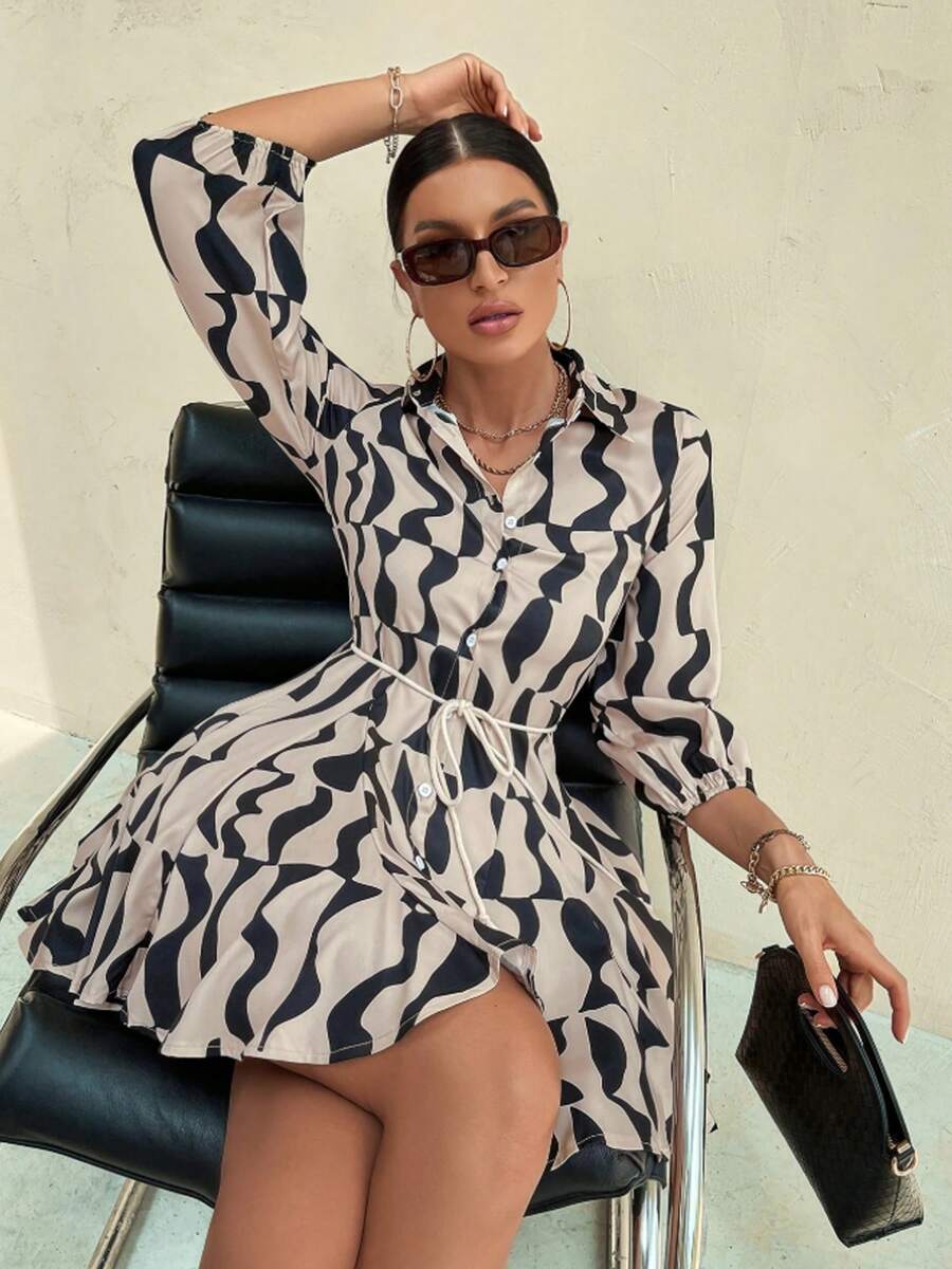 Elegante falda larga estampada estilo resort para mujer con cinturón y botones en la cintura delantera, casual, versátil y de moda, adecuada para el trabajo y la vida diaria. - Camel - Ver 1