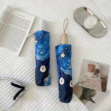 Foldable Umbrella With Cute Starry Sky Cat Design, Dual Use Rainy & Sunny Umbrella, Painting Cat Pattern, Portable, Sunproof, Compact & Fashionable, Suitable For Outdoor
