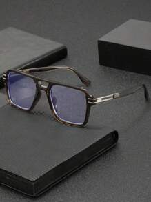1 Pair Men's Square Frame Double Bridge Stylish Retro Fashion Personalized Flat Glasses, Suitable For Computer Office, Decoration, Daily Outfit