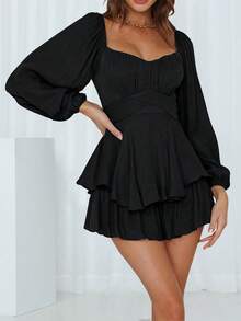 Womens Long Lantern Sleeve Square Neck Bodysuit Jumpsuit Solid Color Pleated Playsuit Rompers - Black - View 1