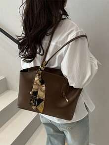 New Luxury Solid Color Versatile Women Shoulder Tote Bag - Brown - View 11