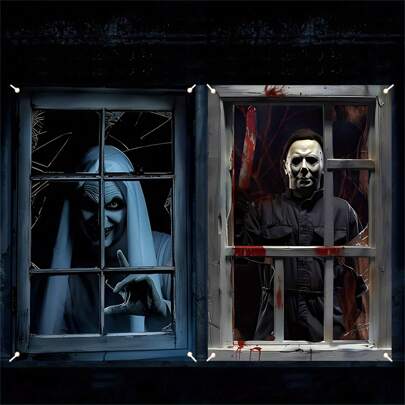 2pcs Halloween Party Window Banners, Horror Style Halloween Door Curtains, Suitable For Indoor And Outdoor Theme Decoration, 120x80cm Durable Polyester Material, Perfect For Halloween Decoration And Parties. No Electricity Required