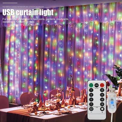 1条3米长100/200/300颗LED窗帘灯串，USB供电，适合悬挂在窗帘上作为装饰灯，8种灯光模式，带遥控器，适用于房间、派对、白色墙面装饰以及圣诞节、万圣节、感恩节、返校季等节日。