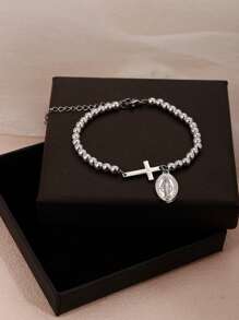 1pc Elegant Stainless Steel Cross And Golden Beads Bracelet With Virgin Mary Jewelry For Women And Men - Perfect Christmas Gift, Accessory, Or Everyday Wear Charm Great Gift/Cross Jewelry/Christian Gift Comes With Gift Box