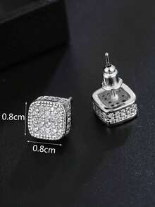 Men Cubic Zirconia Decor Square Stud Earrings, For Jewelry Gift And Party - White - View 5