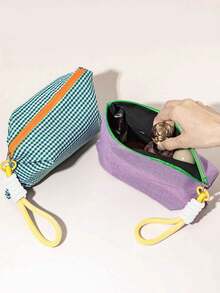 1pc Plaid Color Block Zipper Cosmetic Bag, Can Be Used As Makeup Organizer, Portable Travel Bag, Toiletry Bag, Travel Makeup Bag, Can Hold Makeup Brushes, Lipsticks, Skincare, Phones, Coins, Small Items, Ideal Gift For Christmas, Holidays